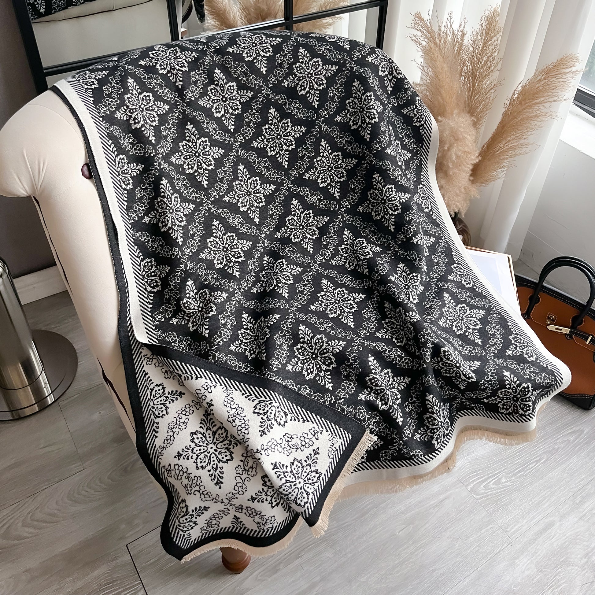 Ethnic Style Luxury Brand Two-Sided Scarf Pashmina Cashmere Soft Warm Fringe Shawl Coldproof Windproof Winter Blanket