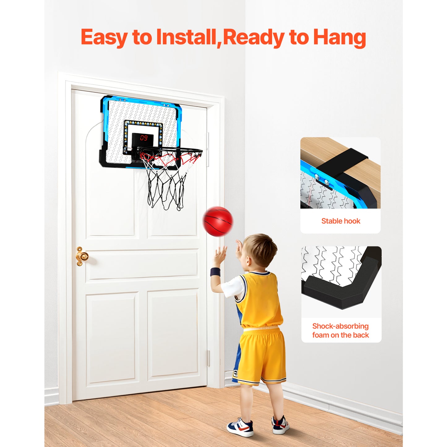 SucceBuy Kids Basketball Hoop Wall Mounted Indoor Toy With LED Lights  Scoreboard Foldable Goal For