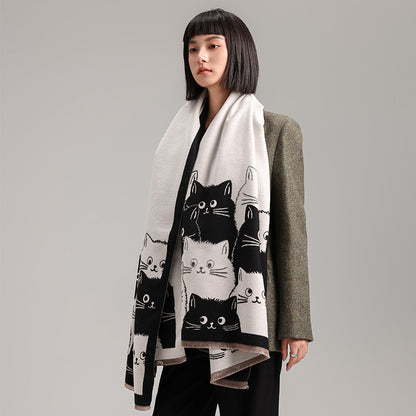 Winter Thick Warm Pashmina Cashmere Scarf for Women, Cute Cat Jacquard Ladies' Shawl, Coldproof Windproof Blanket Wrap