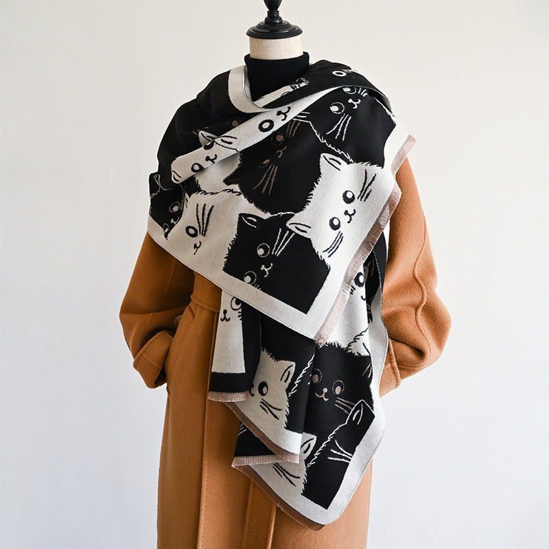 Winter Thick Warm Pashmina Cashmere Scarf for Women, Cute Cat Jacquard Ladies' Shawl, Coldproof Windproof Blanket Wrap