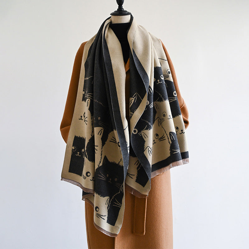 Winter Thick Warm Pashmina Cashmere Scarf for Women, Cute Cat Jacquard Ladies' Shawl, Coldproof Windproof Blanket Wrap