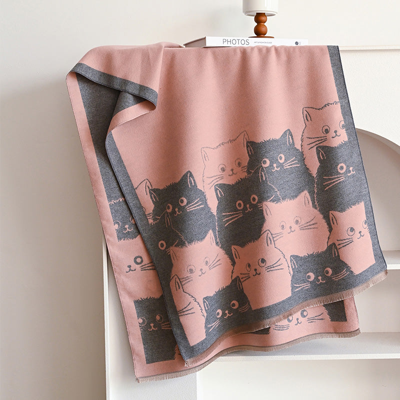 Winter Thick Warm Pashmina Cashmere Scarf for Women, Cute Cat Jacquard Ladies' Shawl, Coldproof Windproof Blanket Wrap