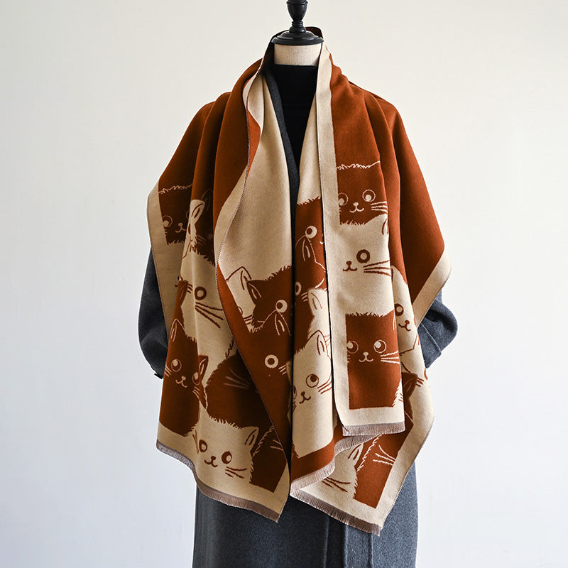 Winter Thick Warm Pashmina Cashmere Scarf for Women, Cute Cat Jacquard Ladies' Shawl, Coldproof Windproof Blanket Wrap