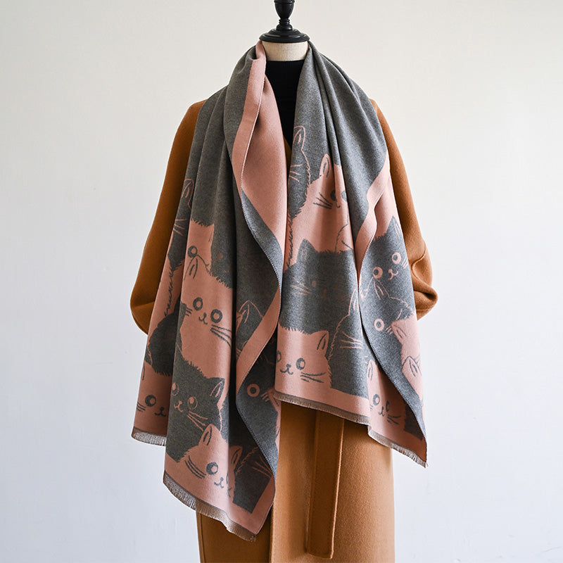 Winter Thick Warm Pashmina Cashmere Scarf for Women, Cute Cat Jacquard Ladies' Shawl, Coldproof Windproof Blanket Wrap