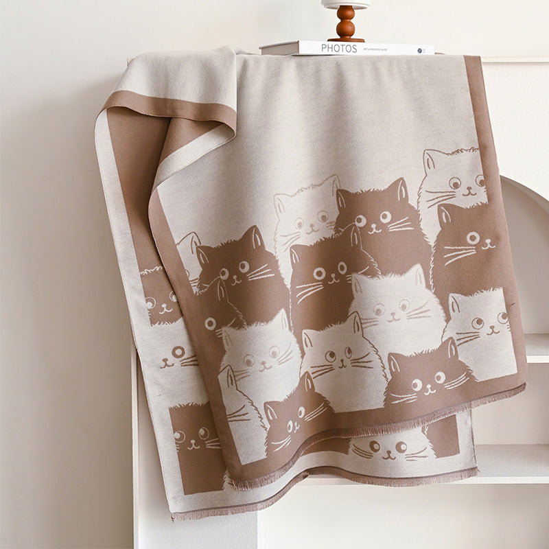 Winter Thick Warm Pashmina Cashmere Scarf for Women, Cute Cat Jacquard Ladies' Shawl, Coldproof Windproof Blanket Wrap