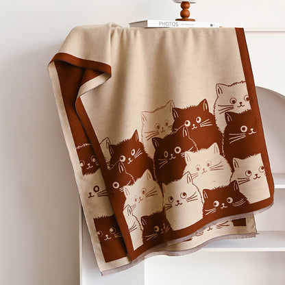 Winter Thick Warm Pashmina Cashmere Scarf for Women, Cute Cat Jacquard Ladies' Shawl, Coldproof Windproof Blanket Wrap