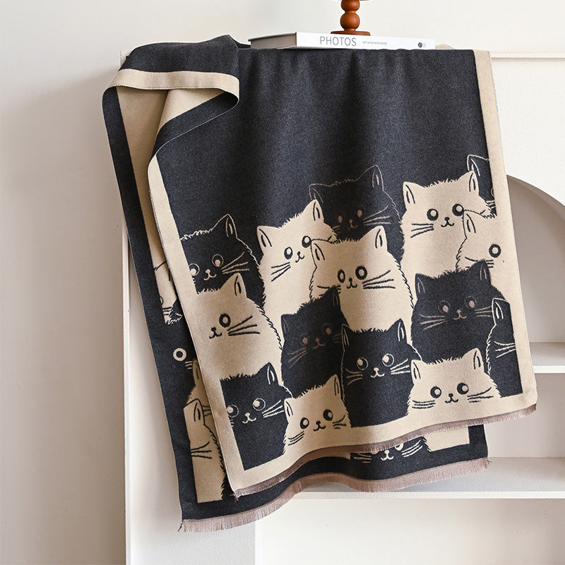 Winter Thick Warm Pashmina Cashmere Scarf for Women, Cute Cat Jacquard Ladies' Shawl, Coldproof Windproof Blanket Wrap