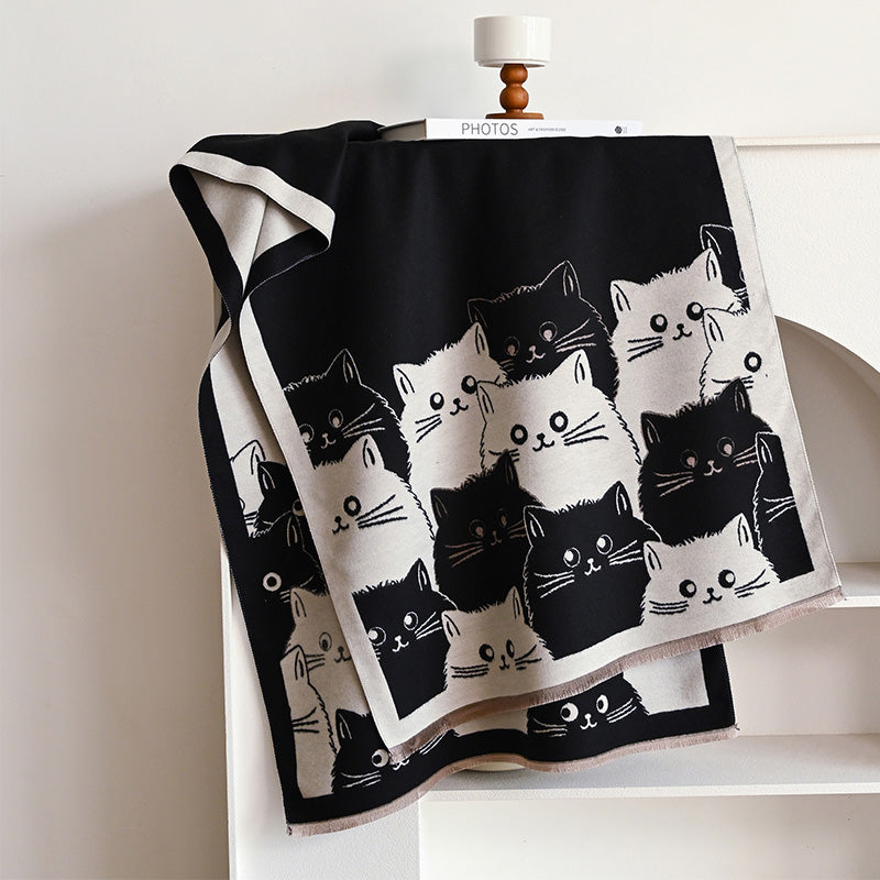 Winter Thick Warm Pashmina Cashmere Scarf for Women, Cute Cat Jacquard Ladies' Shawl, Coldproof Windproof Blanket Wrap