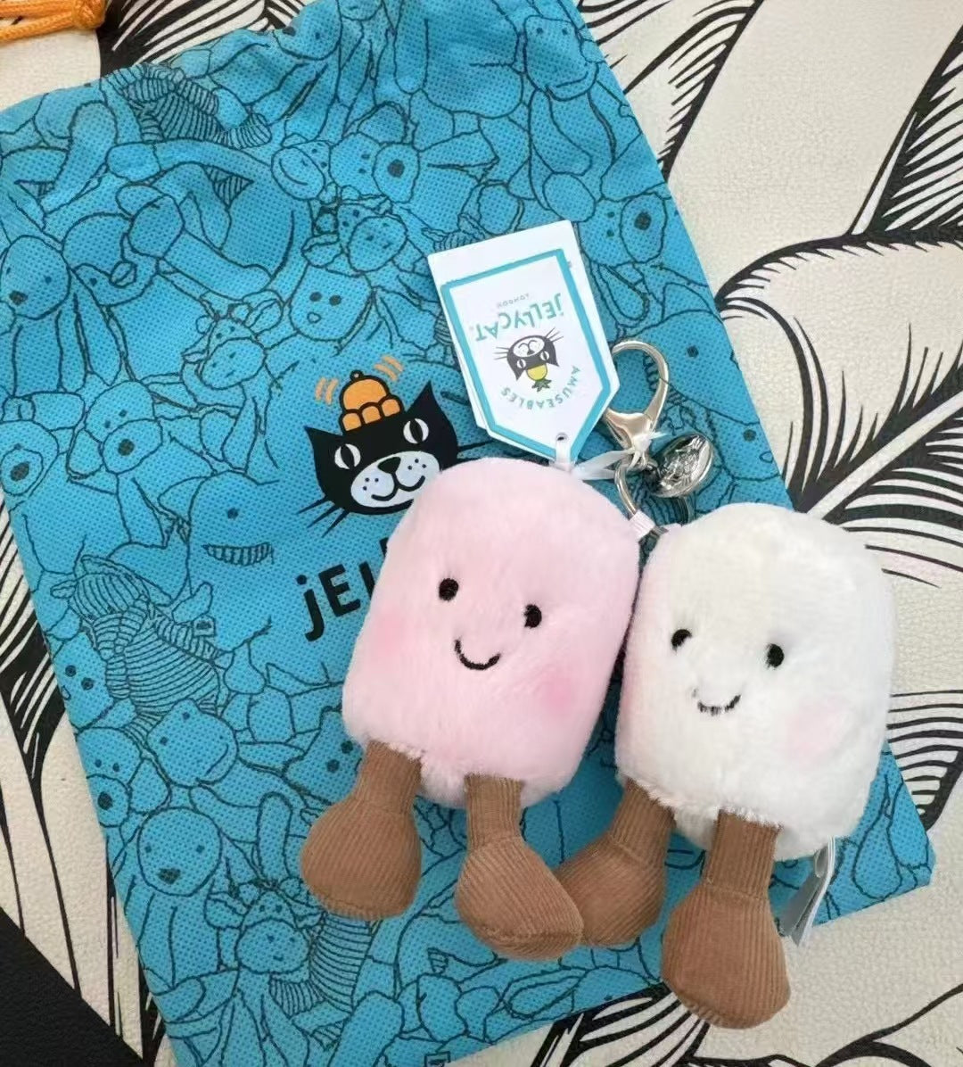 Adorable Two Tone Plush Cat Keychain, Super Soft Cotton Candy JC Jelly Pendant for Bags, Cars, & as a Cute Holiday Gift
