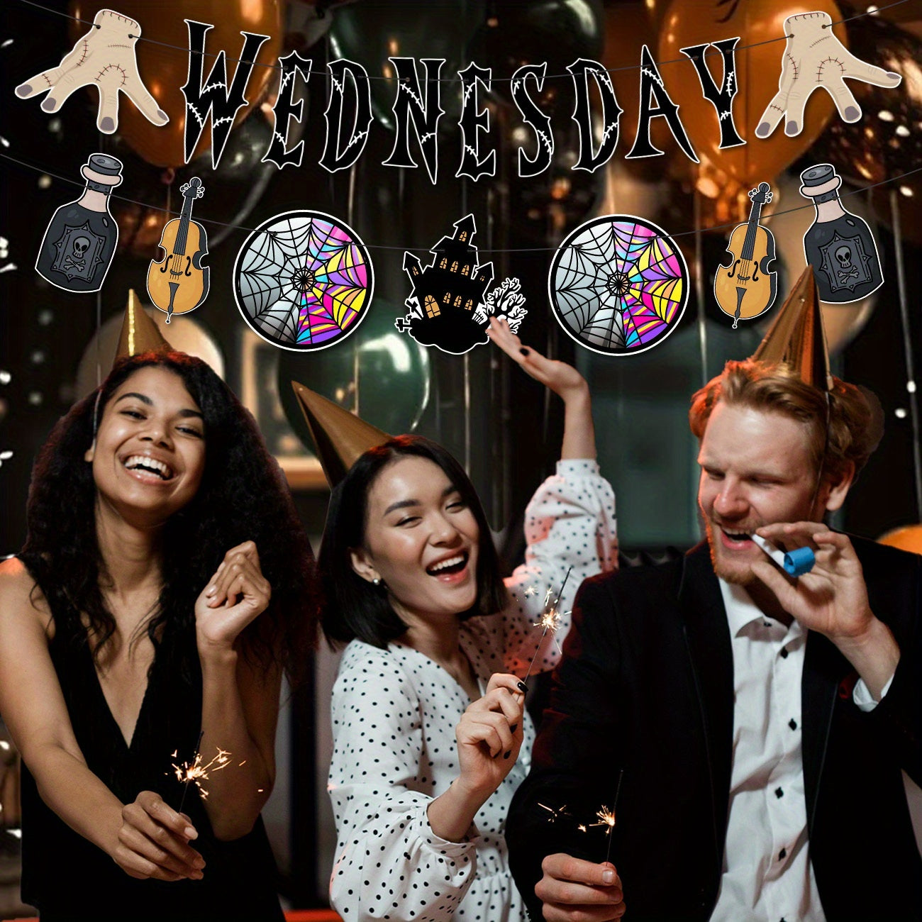 Wednesday Themed Party Supplies, Horror Birthday Banner, Halloween Decorations Kit with Wednesday Inspired Party Banner