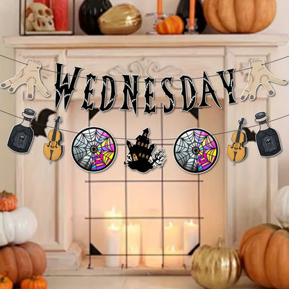 Wednesday Themed Party Supplies, Horror Birthday Banner, Halloween Decorations Kit with Wednesday Inspired Party Banner