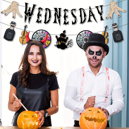 Wednesday Themed Party Supplies, Horror Birthday Banner, Halloween Decorations Kit with Wednesday Inspired Party Banner