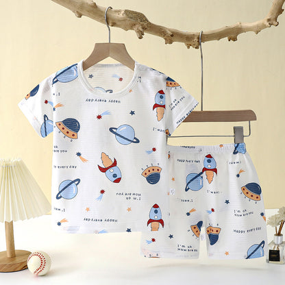 Soft Breathable Baby Children Clothes Set, Popular in SummCottonSafe Cute Cartoon Short Sleeve Home Pajama Set