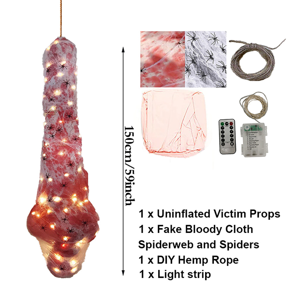 Light Up Cocoon Corpse Prop,59 Inch Scary Hanging Dead Body with LED String Lights for Outdoor Haunted House & Halloween