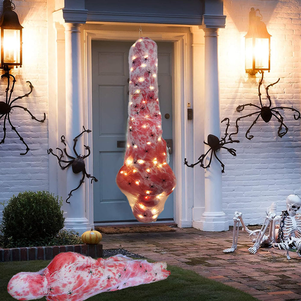 Light Up Cocoon Corpse Prop,59 Inch Scary Hanging Dead Body with LED String Lights for Outdoor Haunted House & Halloween
