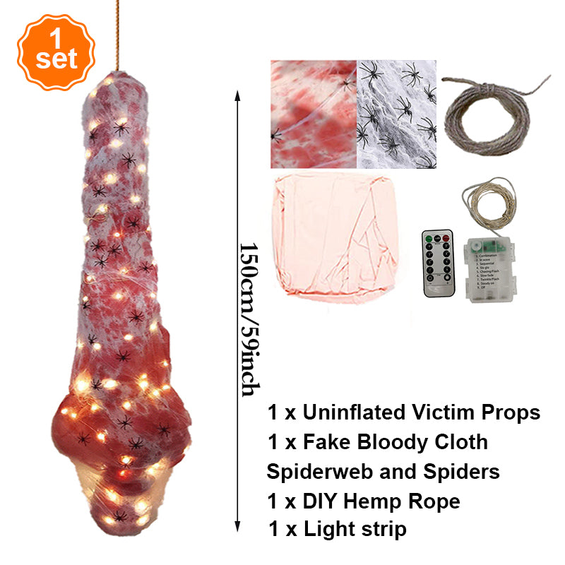 Light Up Cocoon Corpse Prop,59 Inch Scary Hanging Dead Body with LED String Lights for Outdoor Haunted House & Halloween