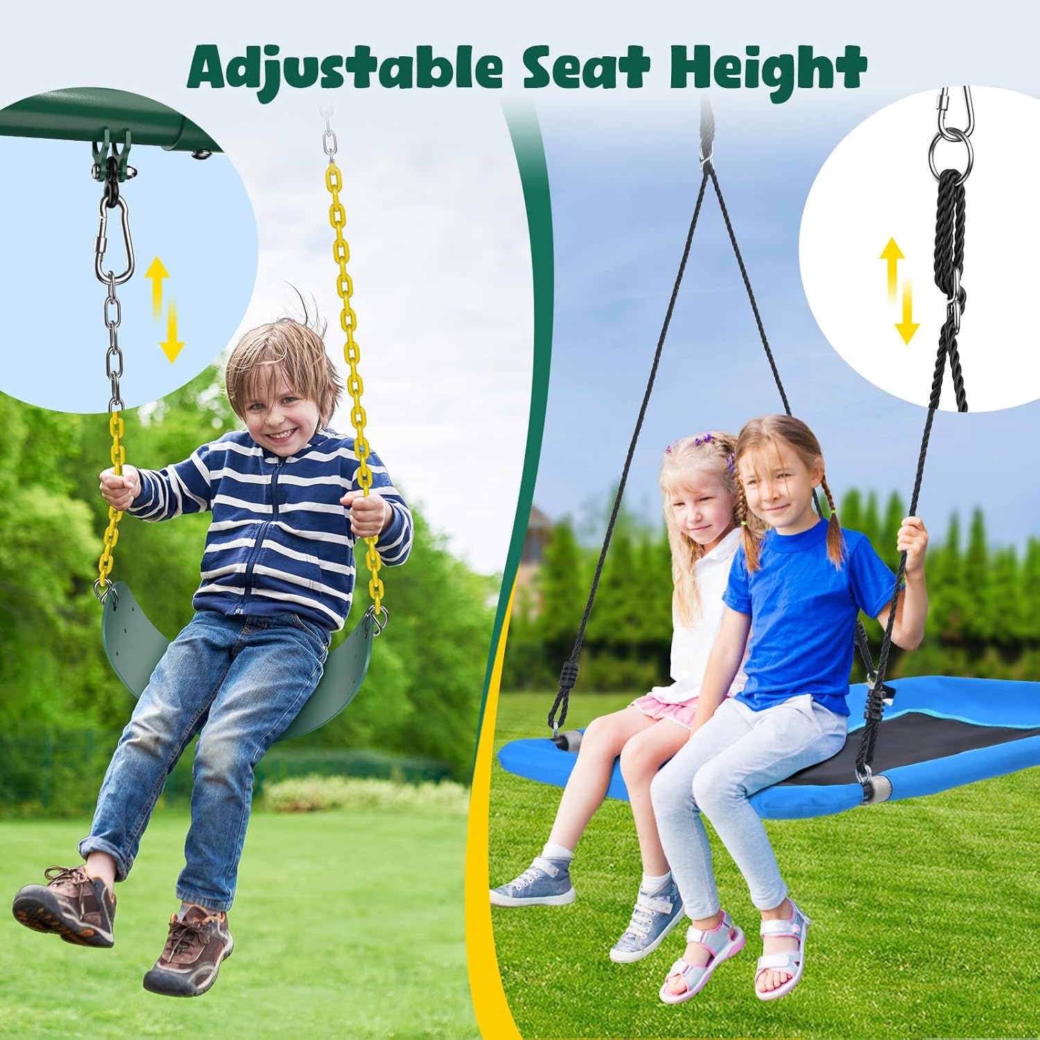 Hapfan Heavy Duty Metal Swing Set, 7.3ft Tall Outdoor Playset with 3 Swings, for Big Kids and Backyard Playgrounds