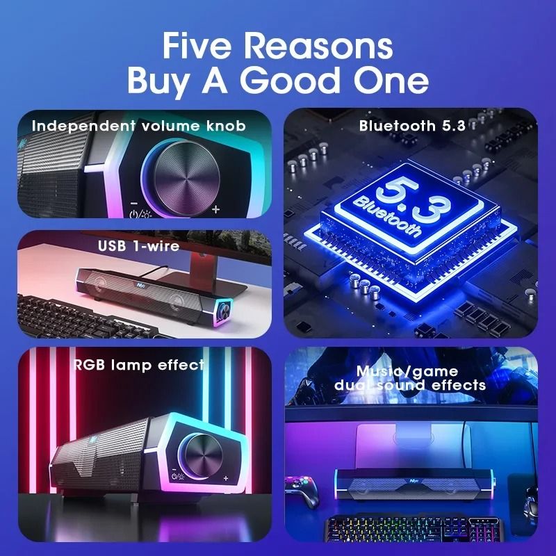 Bluetooth Computer Soundbar With Stereo Subwoofer And RGB Lights 4