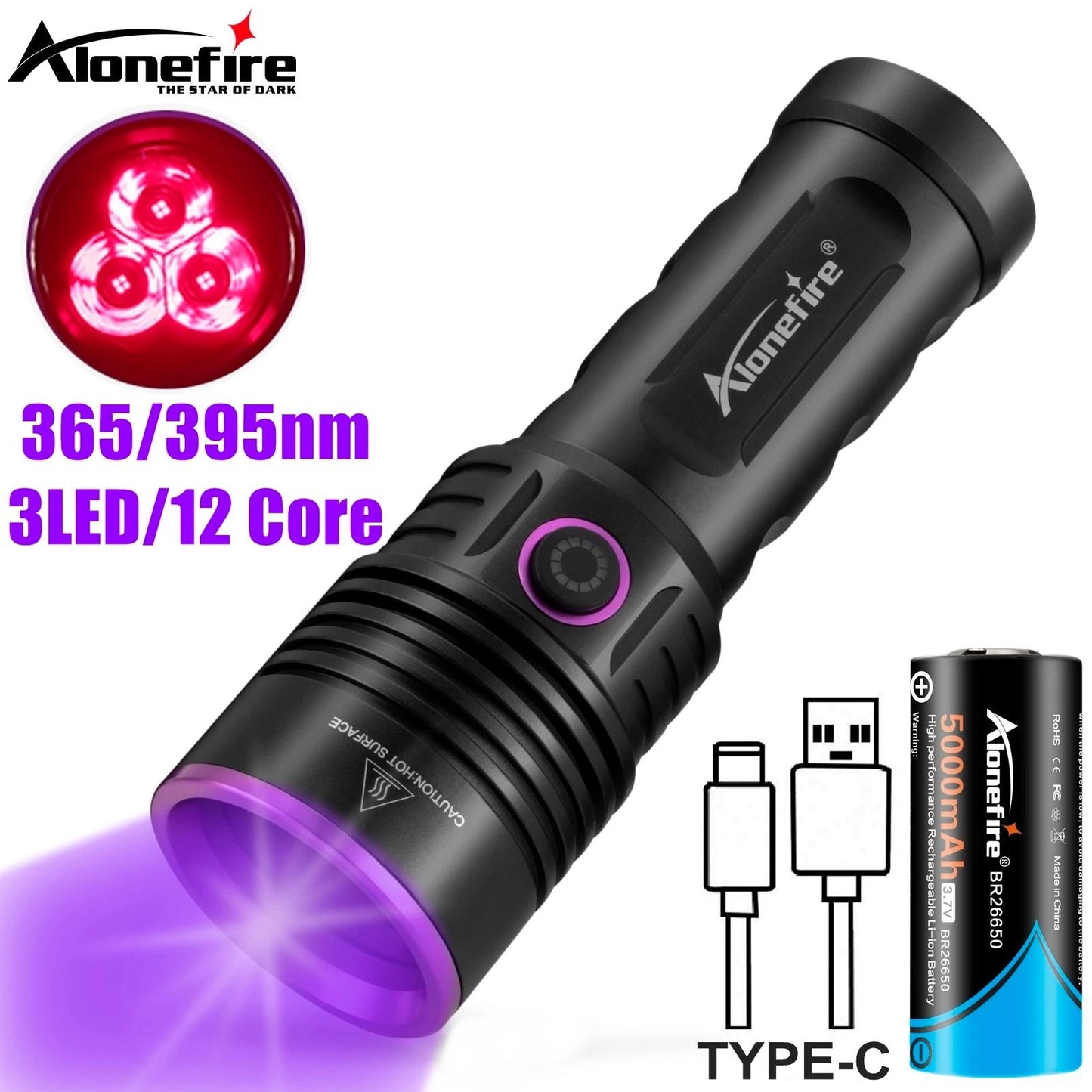 High Power UV Flashlight With Rechargeable Battery And Blacklight Detection 1