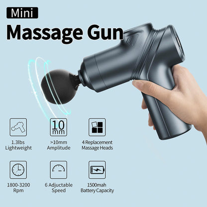 Muscle Percussion Massager for Athletes, Deep Tissue Mini Massage Gun Grey, 6 Speeds & Massage Heads