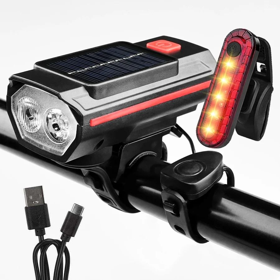 Solar Rechargeable Bicycle Front Light With Horn And USBC Charging 7