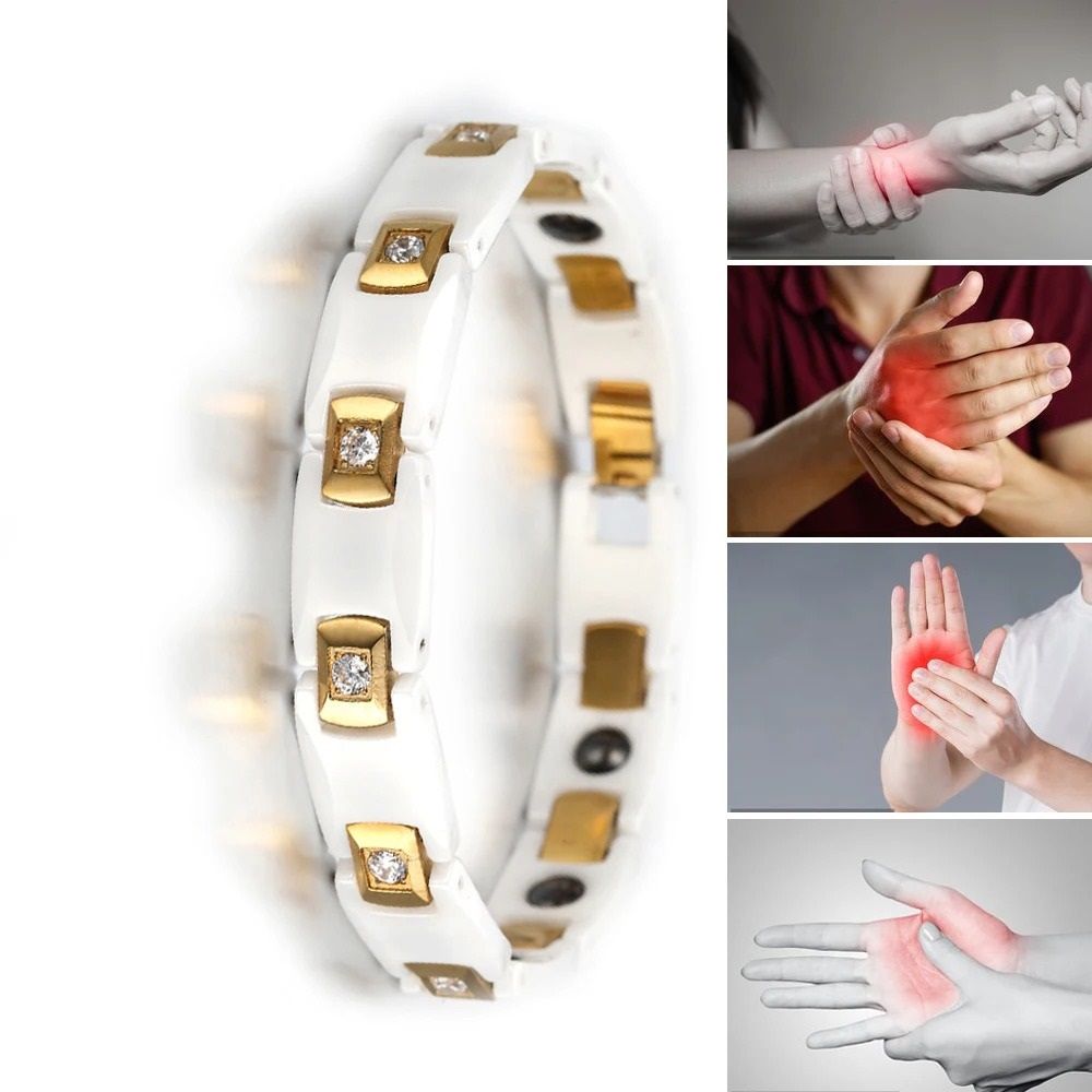 Gold CZ Hematite Ceramic Chain Link Bracelet Women 10mm