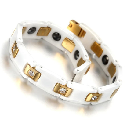 Gold CZ Hematite Ceramic Chain Link Bracelet Women 10mm 2