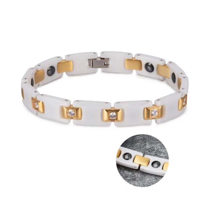 Gold CZ Hematite Ceramic Chain Link Bracelet Women 10mm 4