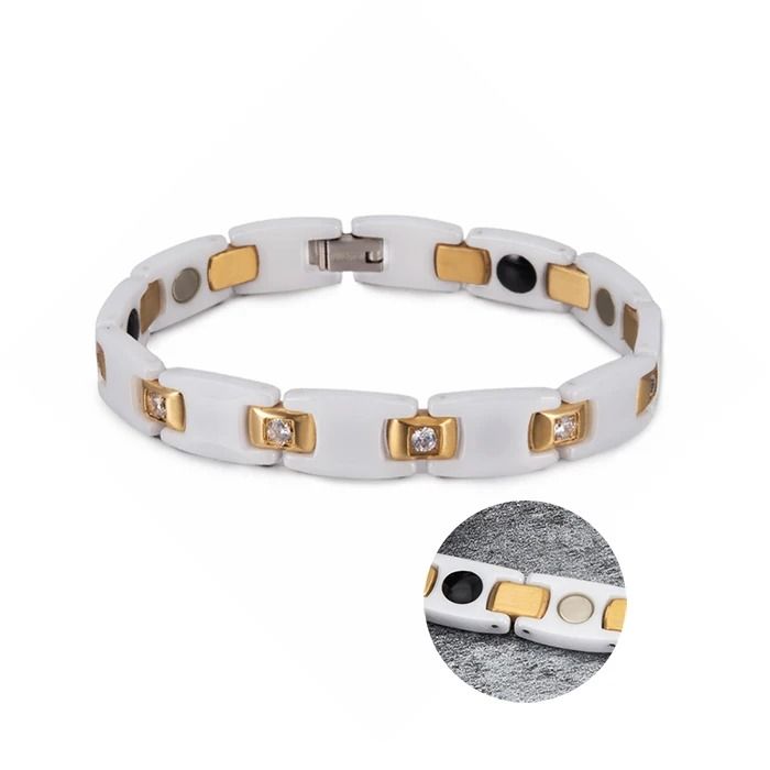 Gold CZ Hematite Ceramic Chain Link Bracelet Women 10mm 5