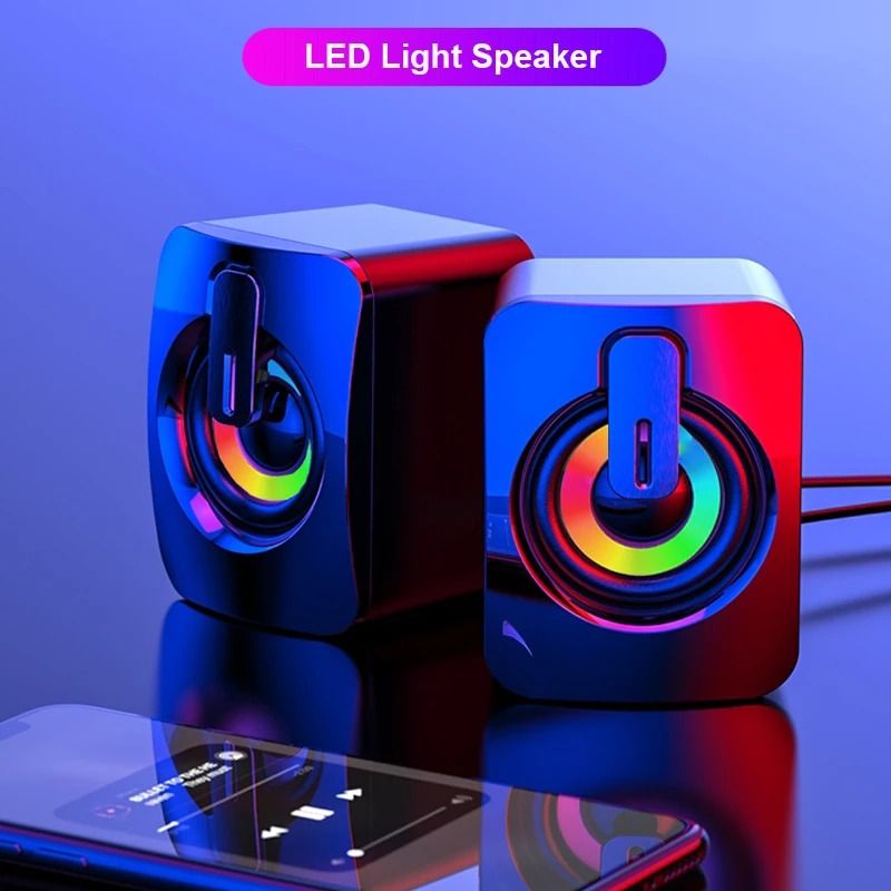 USB Wired Computer Speakers with HiFi Stereo Sound, LED Light, and Microphone