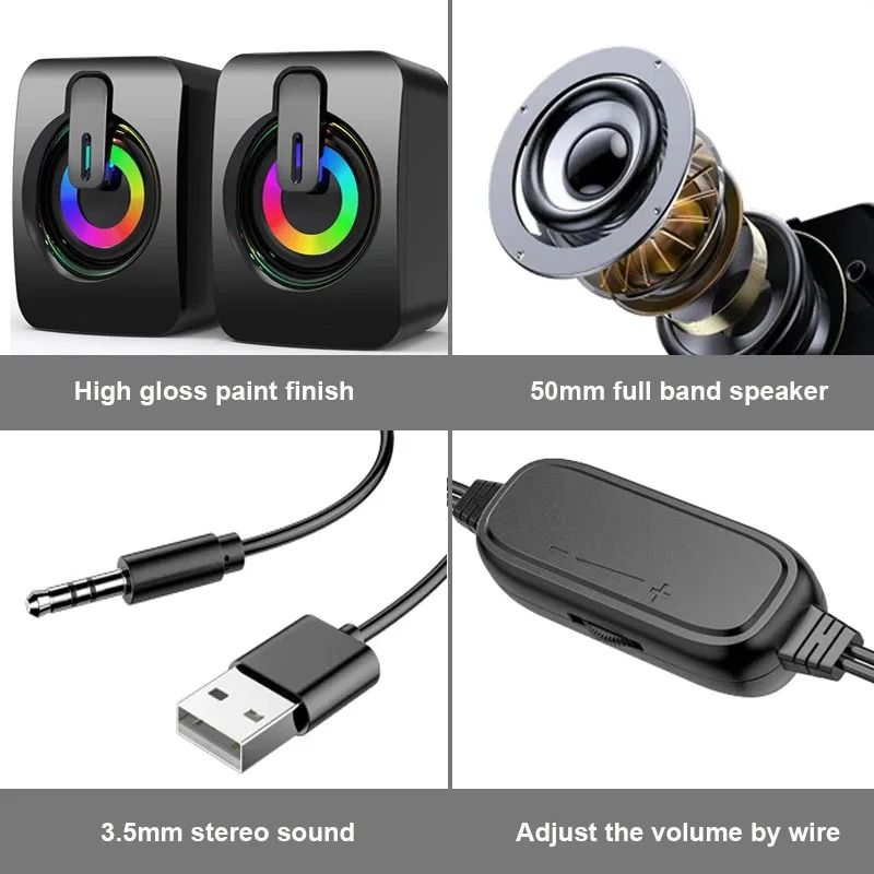 USB Wired Computer Speakers With HiFi Stereo Sound LED Light And Microphone 4