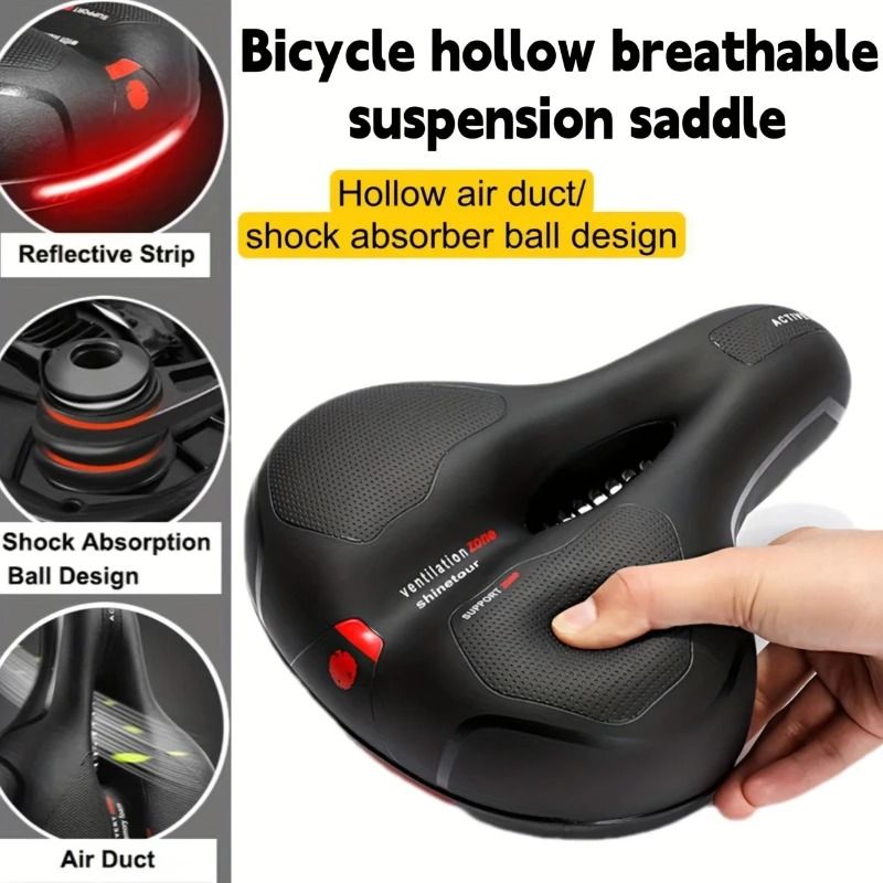 Hollow Breathable Bicycle Saddle with Shock Absorption and Safety Warning Light