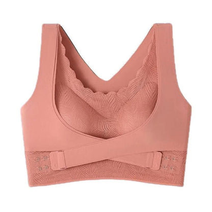 Elegant Front Buckle Lace Wireless Bra With Criss Cross Back 3