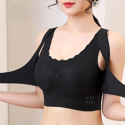Elegant Front Buckle Lace Wireless Bra With Criss Cross Back 4