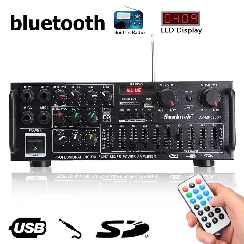 2000W Bluetooth Audio Power Amplifier – HiFi 2.0 Channel AV Amp with Remote Control for Car, Home & Outdoor Parties