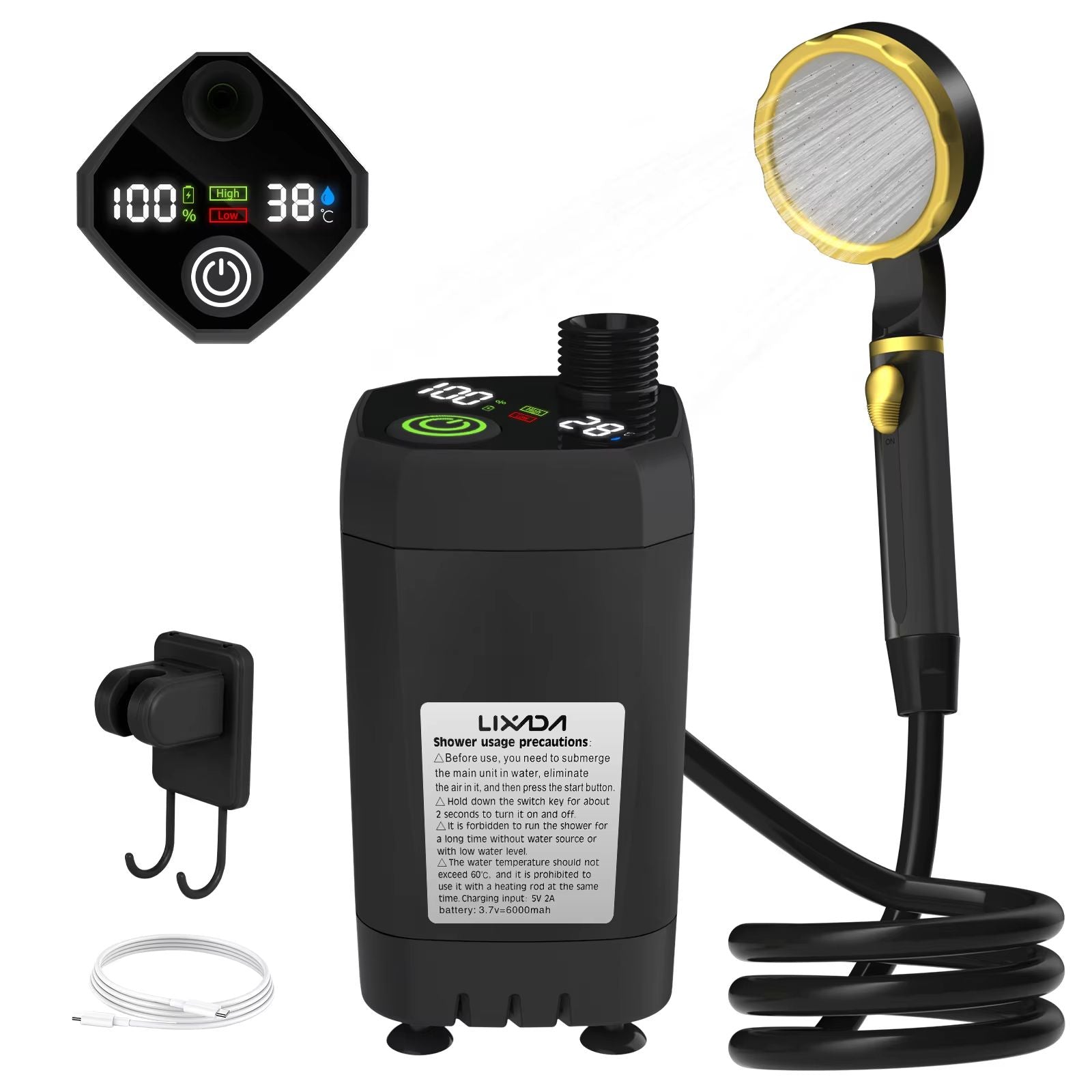 Portable Camping Shower Pump Kit  Outdoor Shower With Digital Display Adjustable Flow  6000mAh Rech 6