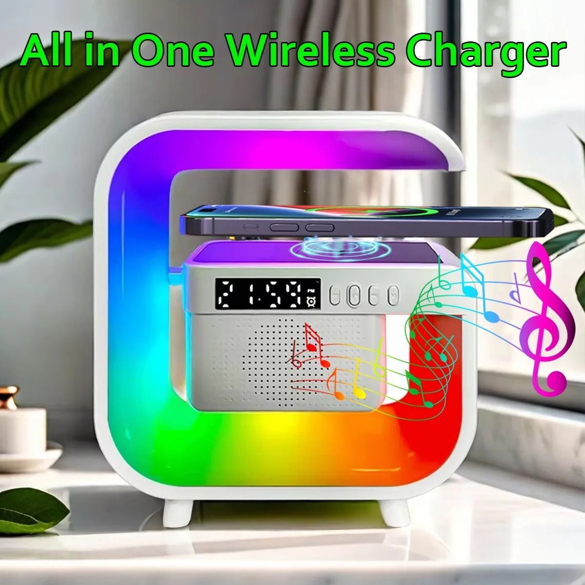 RGB Wireless Speaker Charger Stand with Alarm Clock and FM Radio