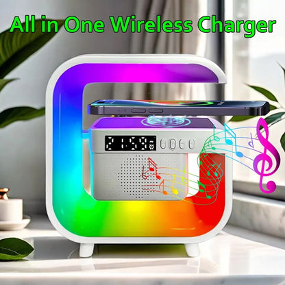 RGB Wireless Speaker Charger Stand with Alarm Clock and FM Radio