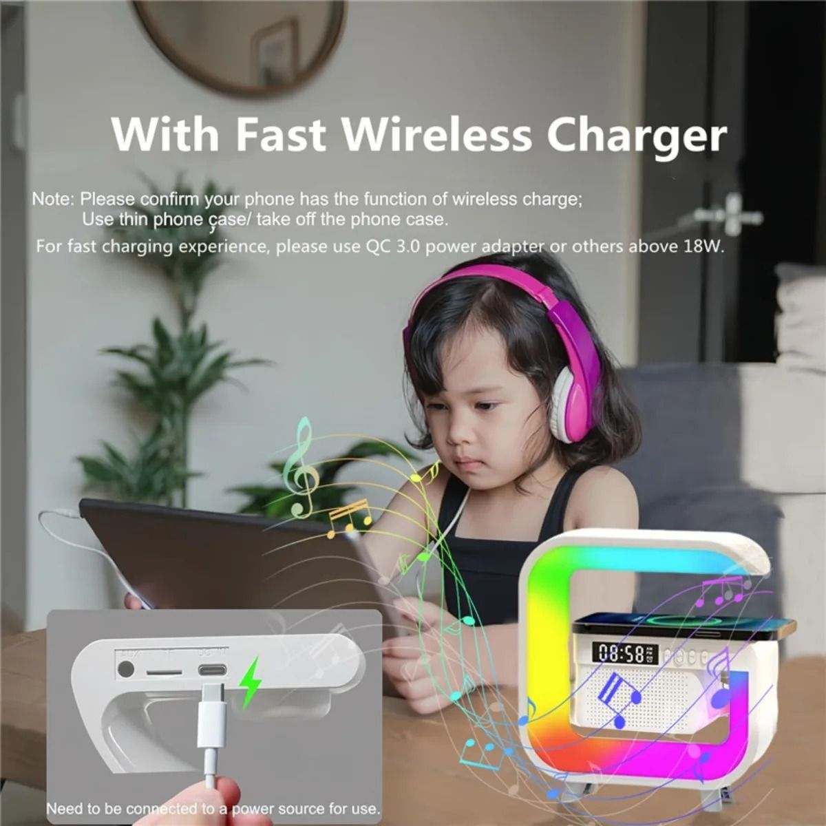 RGB Wireless Speaker Charger Stand With Alarm Clock And FM Radio 5