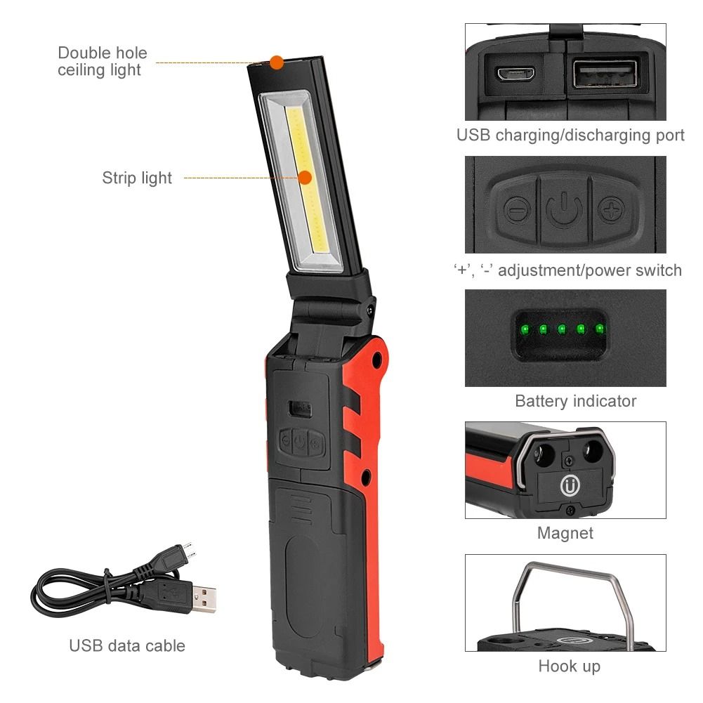 COB LED Work Light USB Rechargeable Flashlight With Magnetic Hook And Power Bank 2
