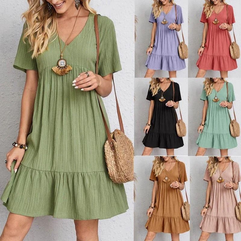 Loose V Neck Short Sleeve Pleated Women Dress Solid Color A Line Beach Dress