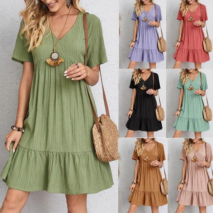 Loose V Neck Short Sleeve Pleated Women Dress Solid Color A Line Beach Dress