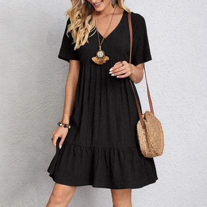 Loose V Neck Short Sleeve Pleated Women Dress Solid Color A Line Beach Dress 4