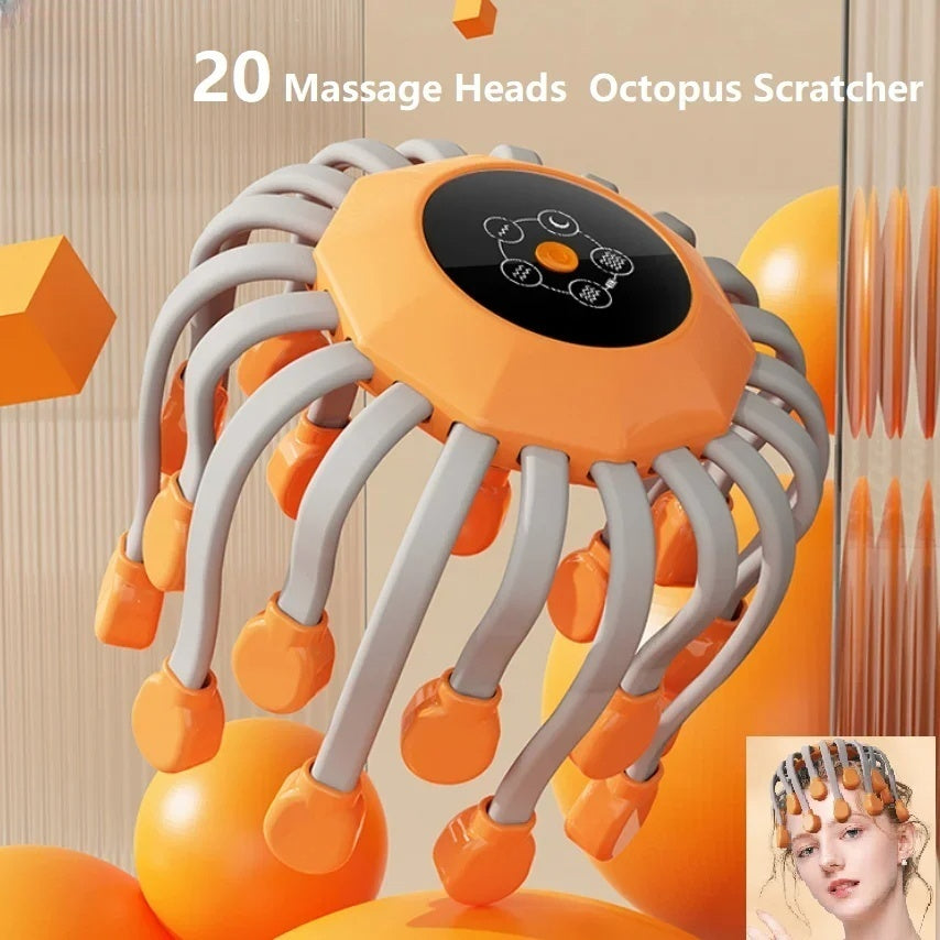 Octopus Scratcher Red Light Vibrator, Orange Scalp Massager with 20 Massage Heads for Stress Relief Migraine Relaxation