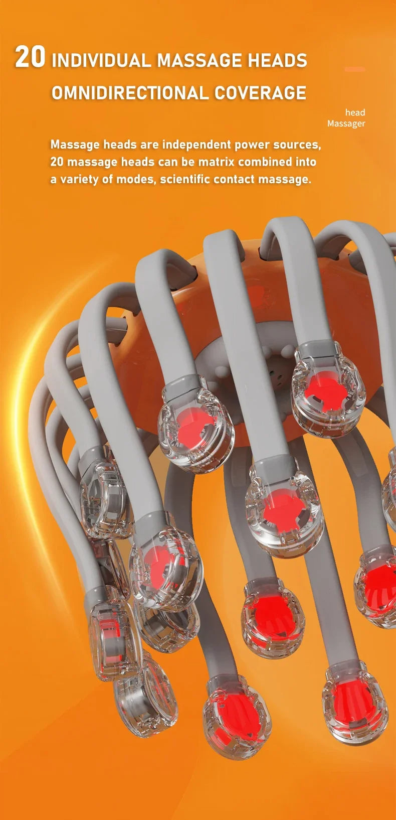 Octopus Scratcher Red Light Vibrator Orange Scalp Massager With 20 Massage Heads For Stress Relief