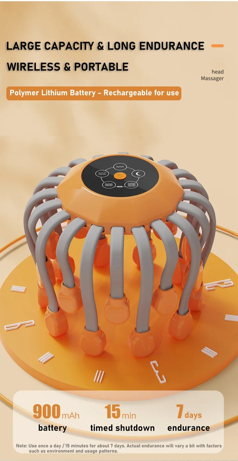 Octopus Scratcher Red Light Vibrator Orange Scalp Massager With 20 Massage Heads For Stress Relief