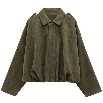HXAO Womens Bomber Jacket, Suede Cropped Jacket, High Street Racing Style with Lapel and Zipper, Long Sleeve Outerwear