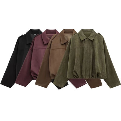 HXAO Womens Bomber Jacket Suede Cropped Jacket High Street Racing Style With Lapel And Zipper Long  1