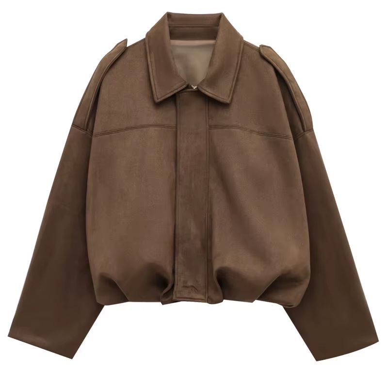HXAO Womens Bomber Jacket Suede Cropped Jacket High Street Racing Style With Lapel And Zipper Long  3