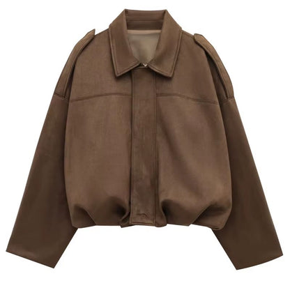 HXAO Womens Bomber Jacket Suede Cropped Jacket High Street Racing Style With Lapel And Zipper Long  3